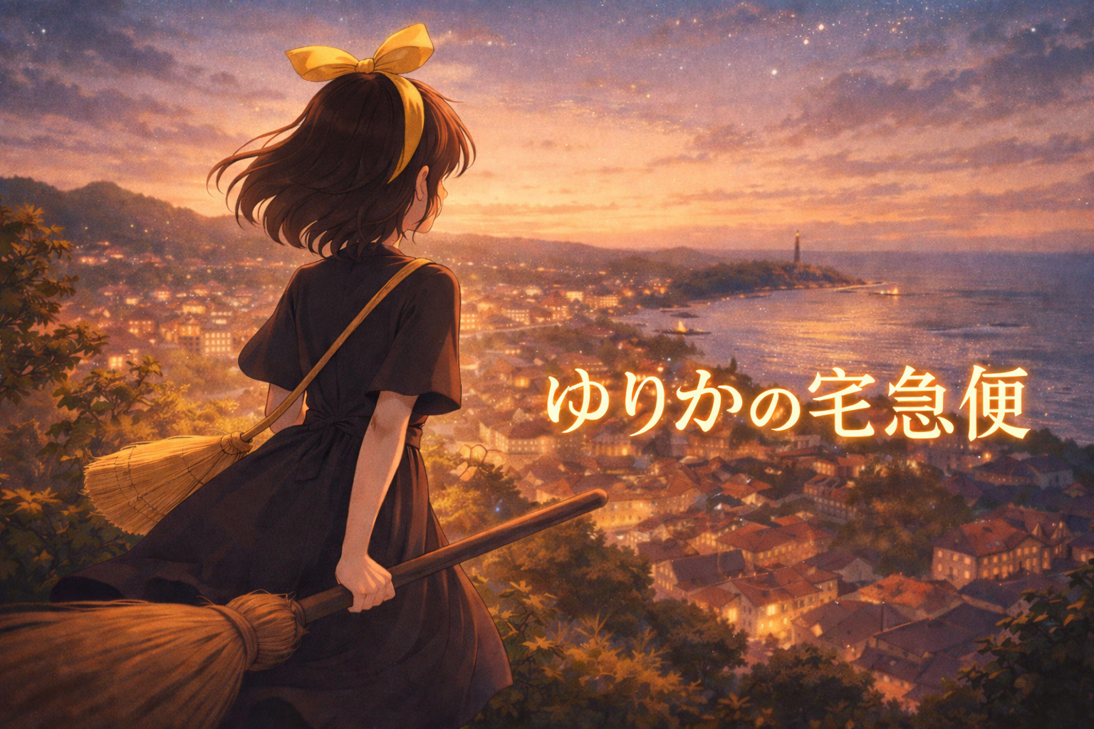 新宿二丁目の夜景を背景に、夕暮れの空を見つめる女性の後ろ姿。ニューハーフ・夕梨花をイメージしたイラスト。