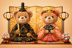 新宿二丁目のニューハーフスナック花りんによるひな祭りイメージ画像。お内裏様とお雛様をモチーフにした華やかなSNS用ビジュアル。