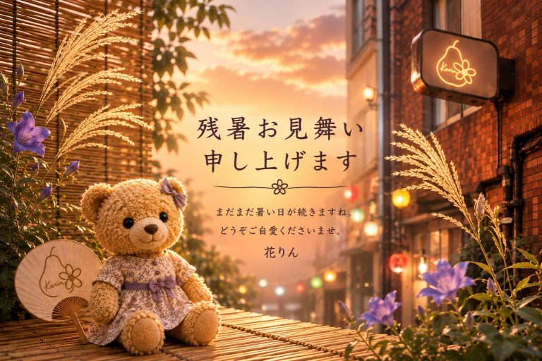 残暑見舞いのイラストと、お盆休業をお知らせする花りんのご案内。ベレー帽とカーディガンを着たくまのぬいぐるみと朝顔、花りんの看板が描かれています。