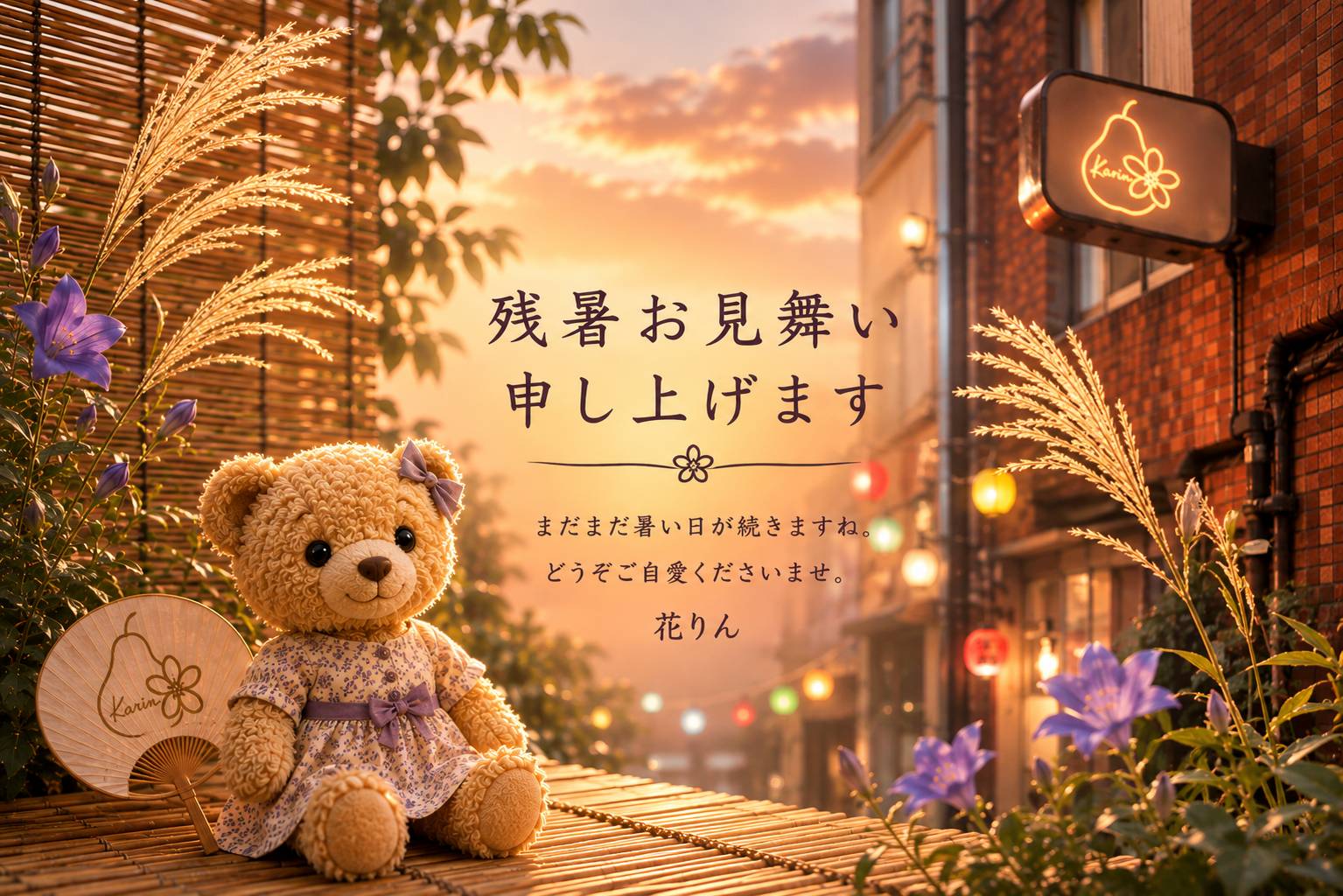 残暑見舞いのイラストと、お盆休業をお知らせする花りんのご案内。ベレー帽とカーディガンを着たくまのぬいぐるみと朝顔、花りんの看板が描かれています。